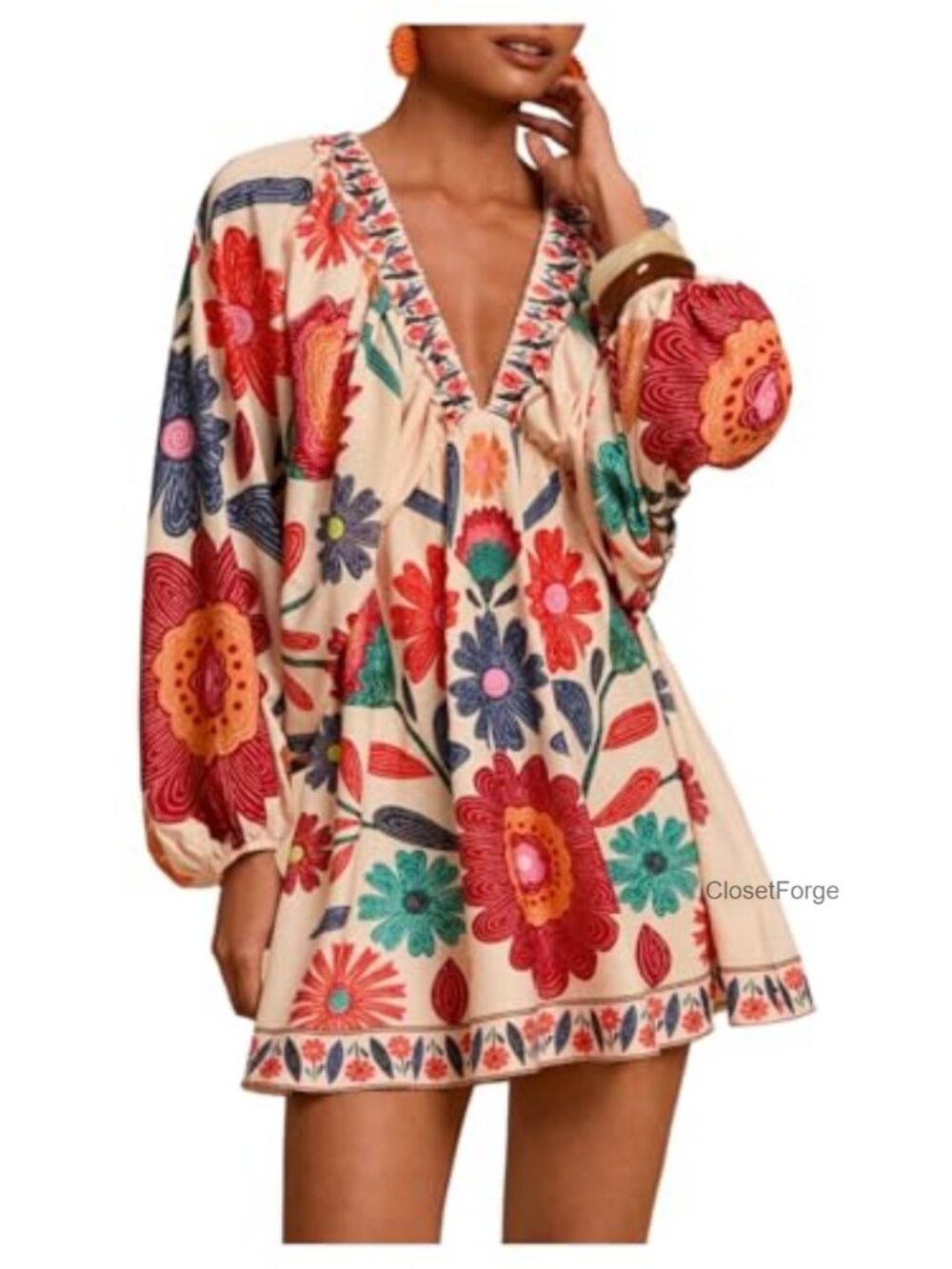 Women's Boho Floral V Neck Long Sleeve Mini Dress Tie Back